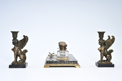 Milo (1955): A pair of bronze 'Retour d'Egypte' candlesticks and a bronze mounted marble ink stand, 19th/20th C.