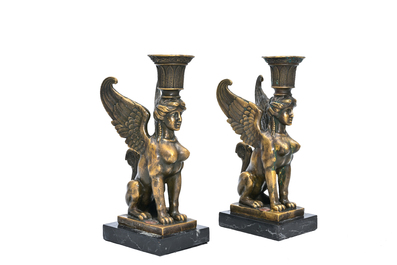 Milo (1955): A pair of bronze 'Retour d'Egypte' candlesticks and a bronze mounted marble ink stand, 19th/20th C.