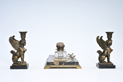 Milo (1955): A pair of bronze 'Retour d'Egypte' candlesticks and a bronze mounted marble ink stand, 19th/20th C.