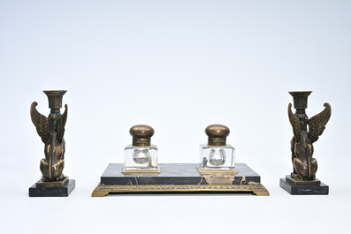Milo (1955): A pair of bronze 'Retour d'Egypte' candlesticks and a bronze mounted marble ink stand, 19th/20th C.