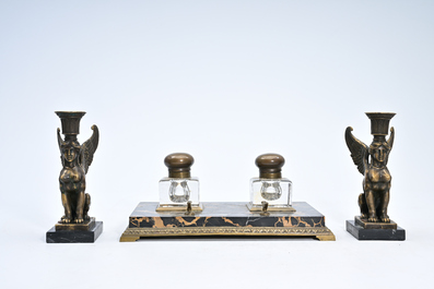 Milo (1955): A pair of bronze 'Retour d'Egypte' candlesticks and a bronze mounted marble ink stand, 19th/20th C.