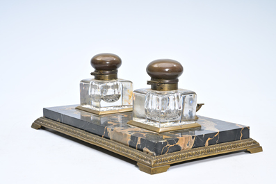Milo (1955): A pair of bronze 'Retour d'Egypte' candlesticks and a bronze mounted marble ink stand, 19th/20th C.