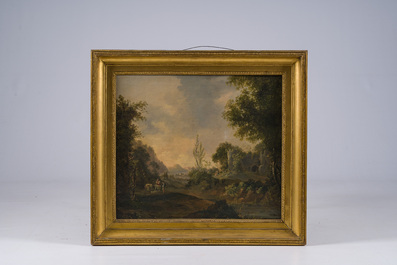 &Eacute;cole fran&ccedil;aise: Paysage anim&eacute; &agrave; l'italienne avec ruines de ch&acirc;teau, huile sur toile, 19&egrave;me si&egrave;cle