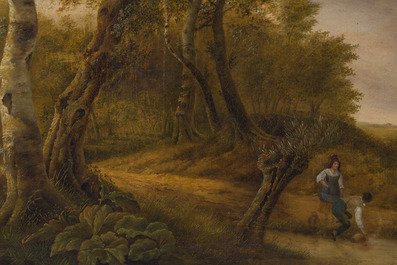 Pierre Jean Hellemans (1787-1845, attribu&eacute; &agrave;): Paysage anim&eacute; avec un couple au bord d'un &eacute;tang, huile sur toile, 19&egrave;me si&egrave;cle