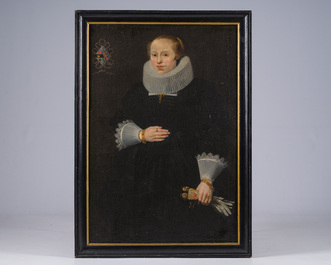 Flemish school: Portrait of Marie Elias de Dixmude, wife of Laurent Thibault, oil on canvas marouflated on board, 17th C.