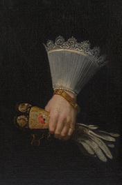 Flemish school: Portrait of Marie Elias de Dixmude, wife of Laurent Thibault, oil on canvas marouflated on board, 17th C.