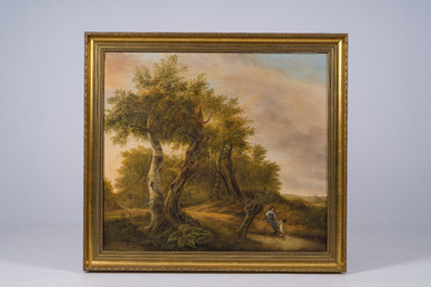 Pierre Jean Hellemans (1787-1845, attribu&eacute; &agrave;): Paysage anim&eacute; avec un couple au bord d'un &eacute;tang, huile sur toile, 19&egrave;me si&egrave;cle