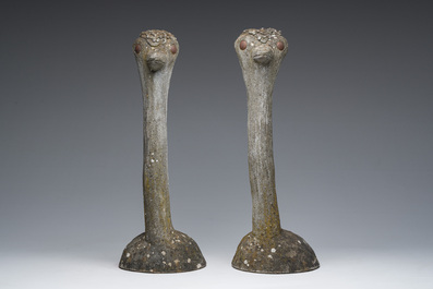 A pair of decorative stone 'ostrich' garden statues, 20th C.