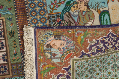 Two Persian rugs with narrative design, Tabriz and Isfahan, wool on cotton, 20th C.