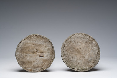 A pair of decorative stone 'ostrich' garden statues, 20th C.