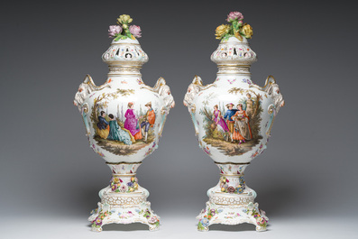 A pair of large vases and covers in polychrome decorated Saxon porcelain with gallant scenes, Potschappel, Carl Thieme, Dresden, late 19th C.