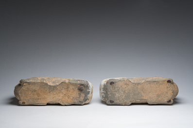 A pair of Chinese polychrome painted pottery ram-shaped vessels, Han dynasty