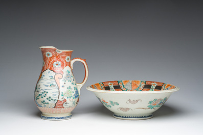 A Japanese Kutani pitcher and matching washbasin with floral design and landscapes, Meiji, 19th C.