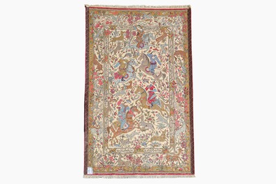 Een Perzische Qom (Qum/Ghom) tapijt met een jachtsc&egrave;ne, gesigneerd Beheshti, wol op katoen, 20ste eeuw