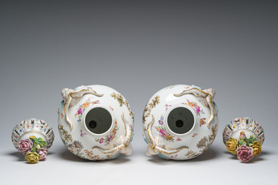 A pair of large vases and covers in polychrome decorated Saxon porcelain with gallant scenes, Potschappel, Carl Thieme, Dresden, late 19th C.