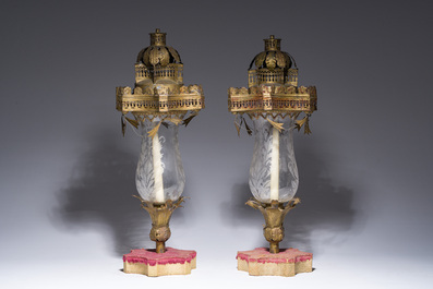 A pair of brass and etched glass photo lamps or lanterns, 18th C. and later