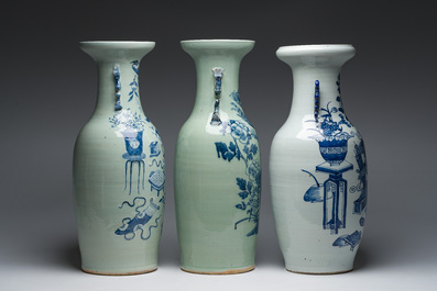 Three Chinese blue and white celadon ground vases with antiquities and birds among blossoming branches, 19th/20th C.