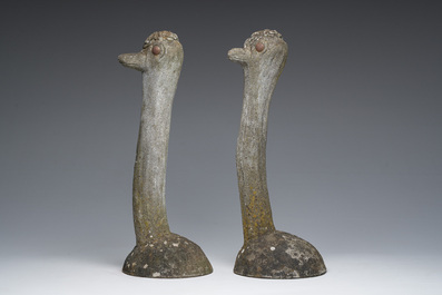 A pair of decorative stone 'ostrich' garden statues, 20th C.