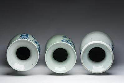 Three Chinese blue and white celadon ground vases with antiquities and birds among blossoming branches, 19th/20th C.