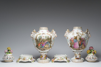 A pair of large vases and covers in polychrome decorated Saxon porcelain with gallant scenes, Potschappel, Carl Thieme, Dresden, late 19th C.