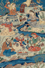 Two Persian rugs with narrative design, Tabriz and Isfahan, wool on cotton, 20th C.