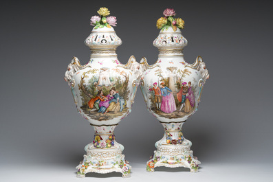A pair of large vases and covers in polychrome decorated Saxon porcelain with gallant scenes, Potschappel, Carl Thieme, Dresden, late 19th C.
