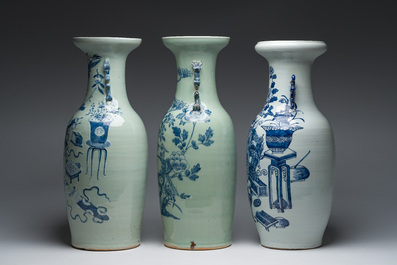 Three Chinese blue and white celadon ground vases with antiquities and birds among blossoming branches, 19th/20th C.