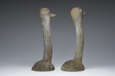 A pair of decorative stone 'ostrich' garden statues, 20th C.