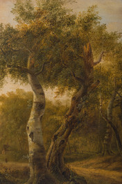 Pierre Jean Hellemans (1787-1845, attribu&eacute; &agrave;): Paysage anim&eacute; avec un couple au bord d'un &eacute;tang, huile sur toile, 19&egrave;me si&egrave;cle