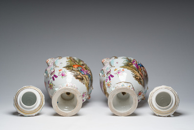 A pair of large vases and covers in polychrome decorated Saxon porcelain with gallant scenes, Potschappel, Carl Thieme, Dresden, late 19th C.