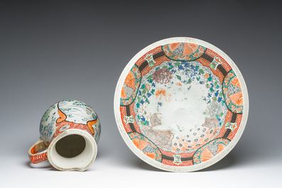 A Japanese Kutani pitcher and matching washbasin with floral design and landscapes, Meiji, 19th C.