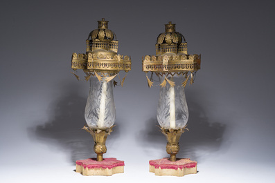 A pair of brass and etched glass photo lamps or lanterns, 18th C. and later