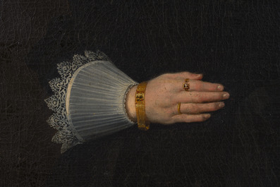 Flemish school: Portrait of Marie Elias de Dixmude, wife of Laurent Thibault, oil on canvas marouflated on board, 17th C.