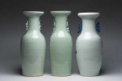 Three Chinese blue and white celadon ground vases with antiquities and birds among blossoming branches, 19th/20th C.