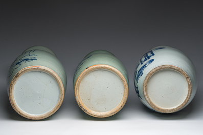 Three Chinese blue and white celadon ground vases with antiquities and birds among blossoming branches, 19th/20th C.