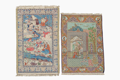 Two Persian rugs with narrative design, Tabriz and Isfahan, wool on cotton, 20th C.
