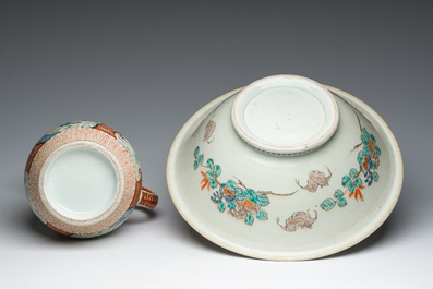 A Japanese Kutani pitcher and matching washbasin with floral design and landscapes, Meiji, 19th C.