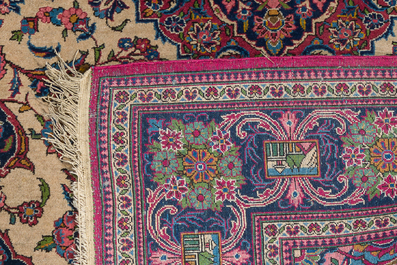 Two Persian rugs with floral design, Kashan and Kerman (Kirman), wool on cotton, 20th C.