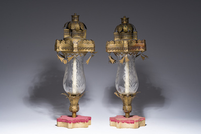 A pair of brass and etched glass photo lamps or lanterns, 18th C. and later