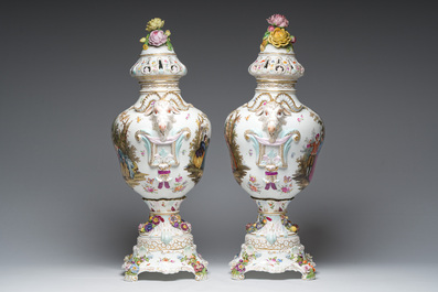 A pair of large vases and covers in polychrome decorated Saxon porcelain with gallant scenes, Potschappel, Carl Thieme, Dresden, late 19th C.