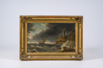 Francis Danby (1793&ndash;1861, in the manner of, follower of Claude Joseph Vernet (1714-1789): Sailing ships at sea during a storm, oil on panel