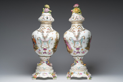 A pair of large vases and covers in polychrome decorated Saxon porcelain with gallant scenes, Potschappel, Carl Thieme, Dresden, late 19th C.