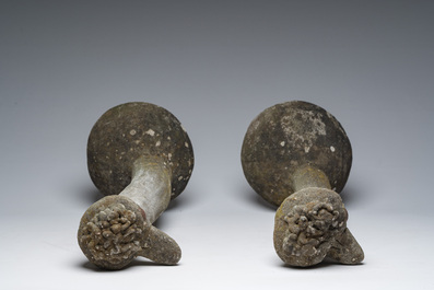 A pair of decorative stone 'ostrich' garden statues, 20th C.