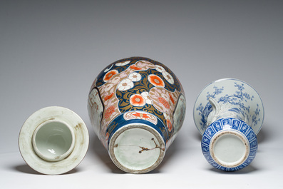 A Japanese blue and white Hirado vase with dragon relief design, an Imari vase and cover and a dish with floral design, Meiji, 19th/20th C.