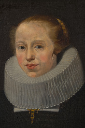 Flemish school: Portrait of Marie Elias de Dixmude, wife of Laurent Thibault, oil on canvas marouflated on board, 17th C.