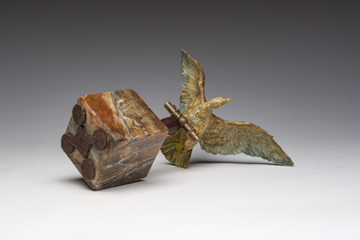 A Viennese polychrome cold painted bronze model of an eagle on a wooden and onyx marble base, 19th/20th C.