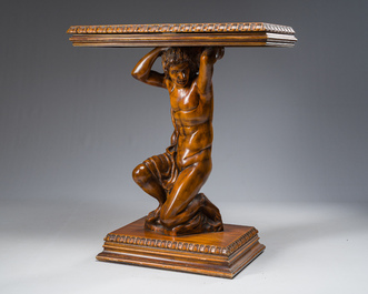 An Italian wooden console table in the shape of a kneeling man carrying a panel, second half 20th C.