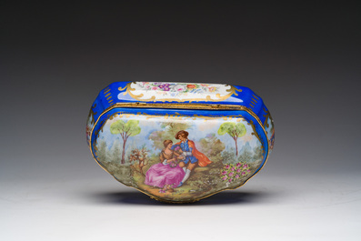 A French gilt and polychrome decorated jewelry box with amorous scenes and floral design, S&egrave;vres mark, 19th/20th C.