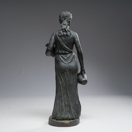 A patinated lead garden statue of a lady with water jugs in her hand, 19th/20th C.