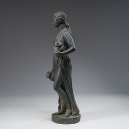 A patinated lead garden statue of a lady with water jugs in her hand, 19th/20th C.